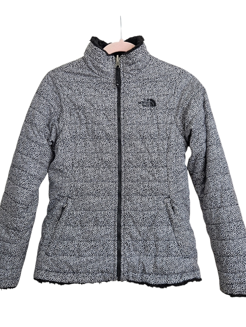 The North Face Girls' Reversible Mossbud Swirl Jacket Black with White Dots L